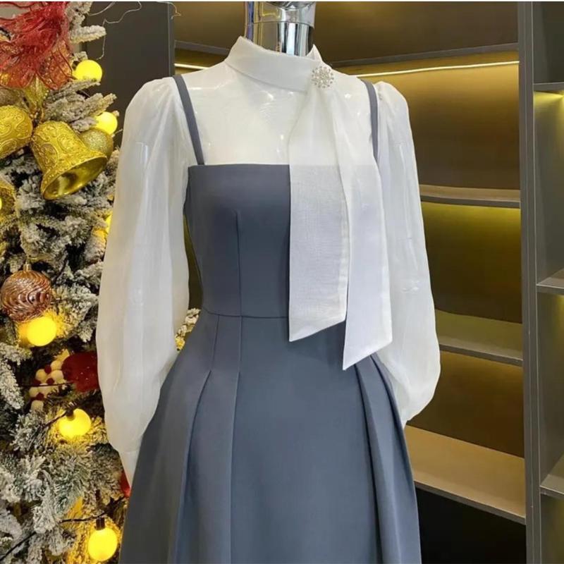 Váy đầm nữ dáng dài cổ nơ thiết kế dự tiệc trượt dày dặn V209 - Nữ, Women 7