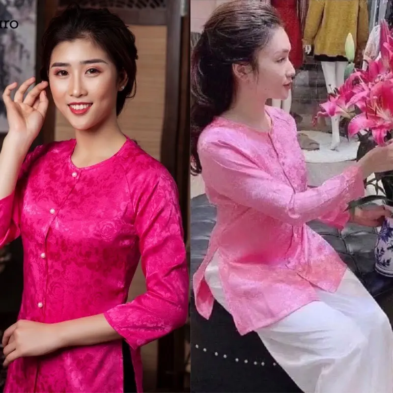 Đồ Lam Đi Chùa Mẫu -  Áo Nữ  Bà Ba Gấm Truyền Thống Women Sơ Mi