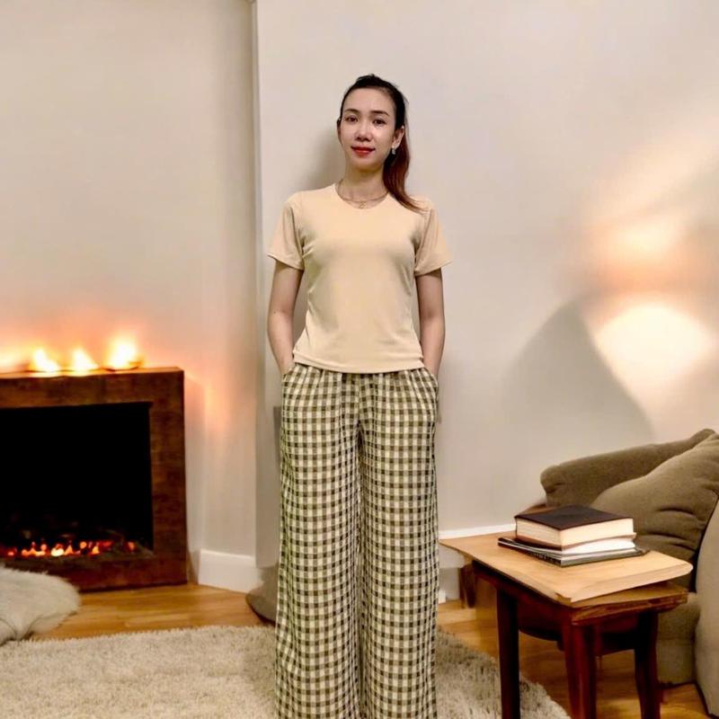 T151 Đồ bộ thun nữ Áo thun Cổ tròn Tay Ngắn phối Quần Suông rộng 4