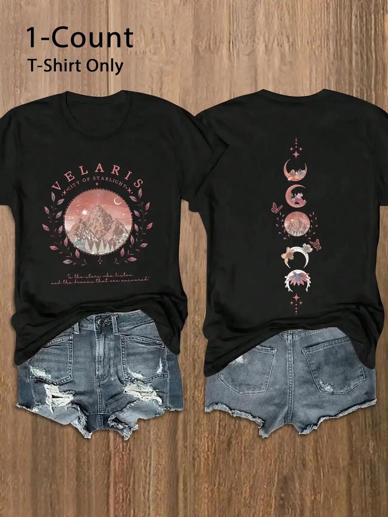 Product Introduction of Women's Mountain & Letter Print Round Neck Tee, Trendy Casual Crew Neck Short Sleeve T-shirt for Daily Wear, Ladies Summer Outfit 1