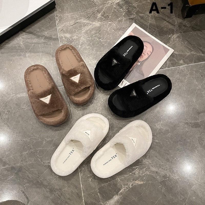  Dép lông cao cấp quai ngang đính tam giác đế dày siêu nhẹ đi êm chân cực kỳ mẫu trend mùa đông 2023  DéP Đế Bằng   lùi 1 size   V2 Slipper Nữ Có Quai Dép Lê 