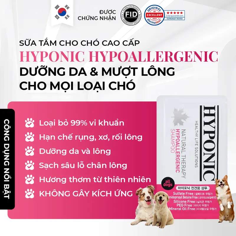 10ml - Sữa tắm cho chó cao cấp HYPONIC Hypoallergenic, dưỡng da và làm mượt lông cho mọi loại chó 0