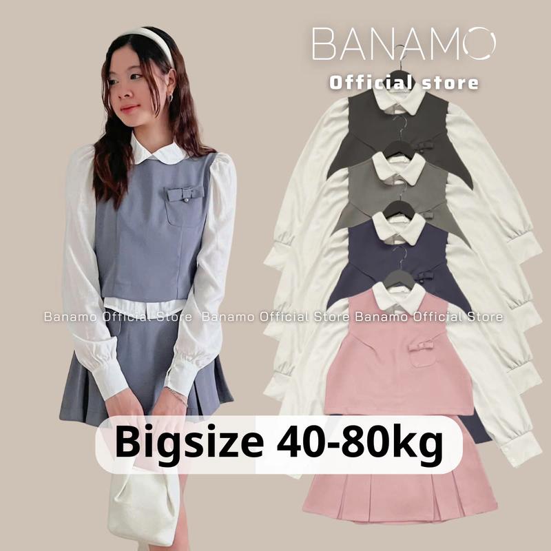 Set nữ BIGSIZE Banamo Fashion bộ 3 món áo sơ mi cổ sen phối áo gile túi nơ mix chân váy xếp ly 2 túi trước 1914