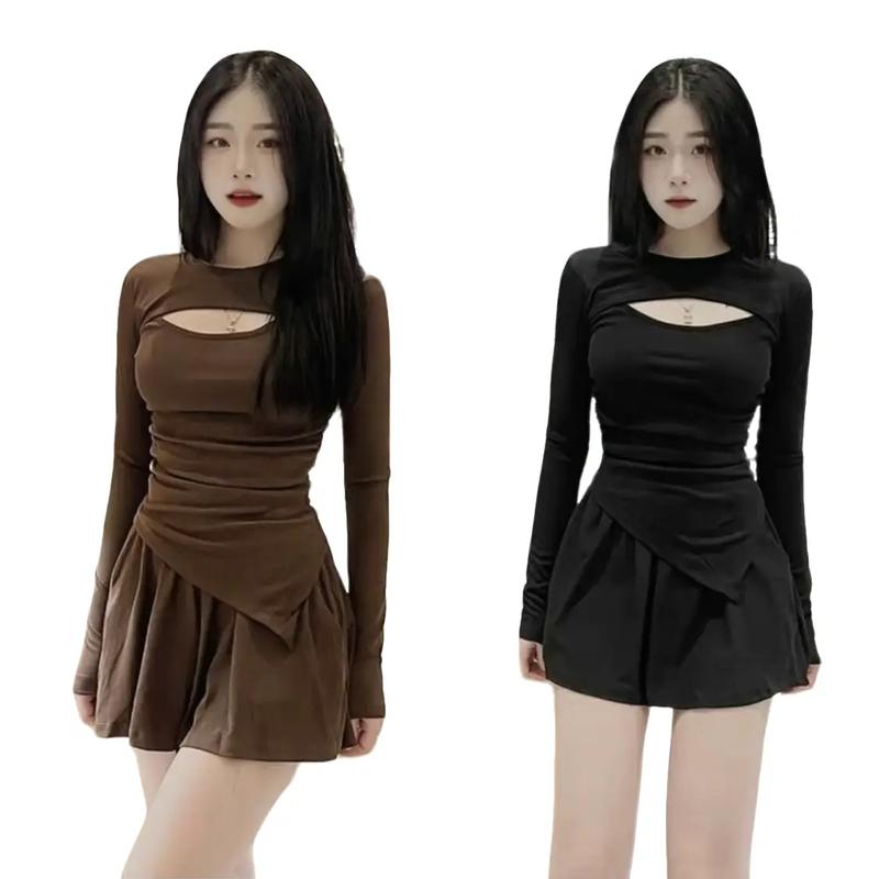 Set Bộ Áo Tay Dài Khoét Ngực Kèm Chân Váy Xoè Có Quần Bên Trong Vải Thun Tăm Từ 40-60kg Nữ Top Women Màu Nâu Kem-B03