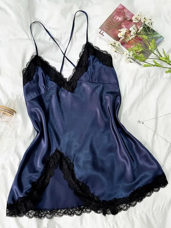Women's Contrast Lace Criss Cross Bow Back Satin Cami Nightdress, Silky Naughty Lingerie, Night Gown for Women, House Dress for Women, Elegant Spaghetti Strap Split Hem Backless Night Gown, Ladies Summer Sleepwear & Loungewear, Pyjamas for Women 2