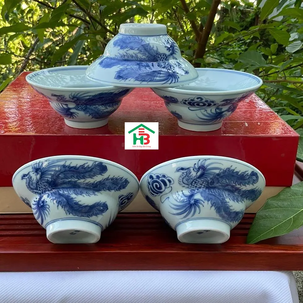 Bát chiết yêu Phượng cổ sứ men Lam Bát Tràng D13cm