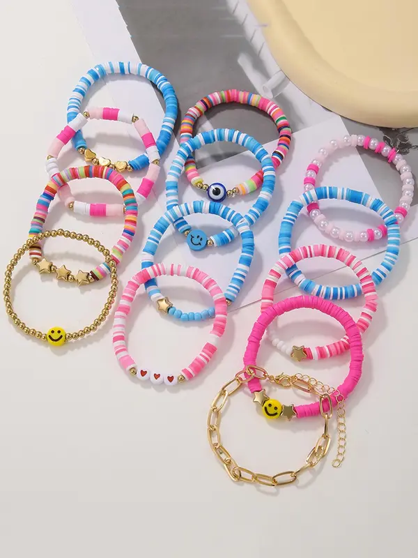 Boho Style Colorblock Star Charm Bracelet, Cute Trendy Eye & Smile Face Polymer-clay Bracelet, Fashion Accessories for Women & Girls 4