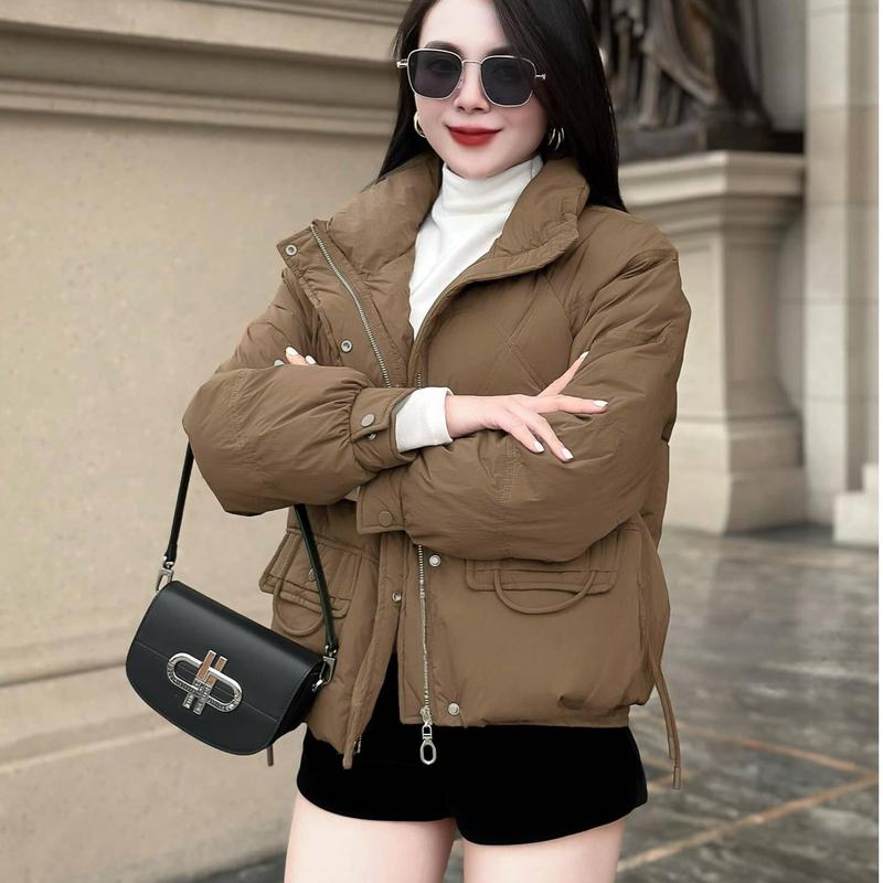 Áo phao nữ chần bông thiết kế dây rút không cổ 3 màu Đen, Đỏ, Nâu đủ size 45kg - 65kg, Áo khoác nữ mùa đông ấm áp form ôm bo gấu 5