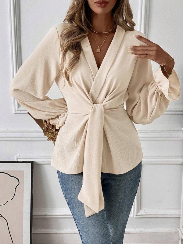Women's Plain Open Front Blouse, Elegant Flounce Sleeve Tie Front Top for Work Office Business, Ladies Clothes for Fall & Winter 3
