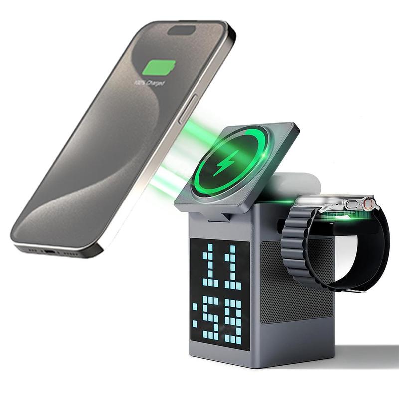 3 in 1 Wireless Charging Station, Multifunctional Wireless Charger with Bluetooth-compatible Speaker Alarm Clock, Fast Charging Station for iPhone 16 15 0