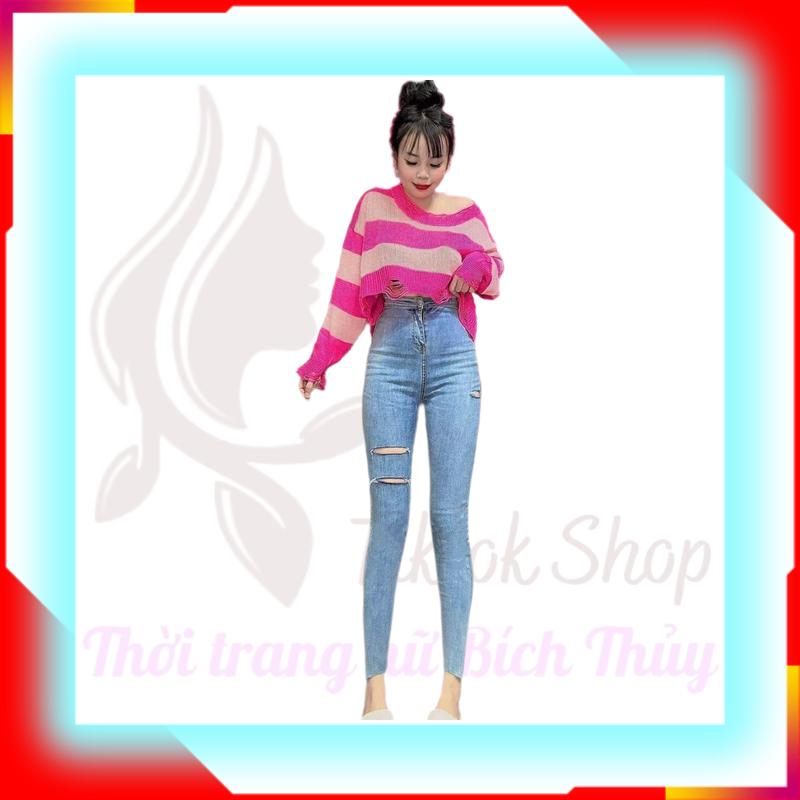 Quần jean nữ kiểu, quần bò nữ lưng siêu cao dáng ôm raách đùi không túi trước tôn dáng Hottrend Pants Women Denim khóa kéo croptop 2