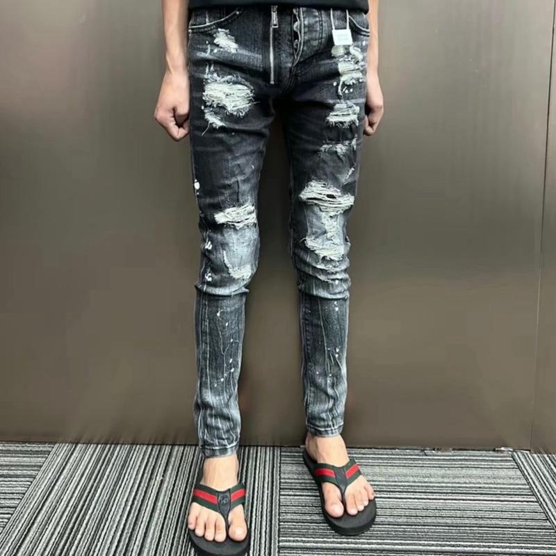 Quần jeans d2 xám mài rách mix khoá, vẩy sơn, 4 cúcc hotnew 2025
