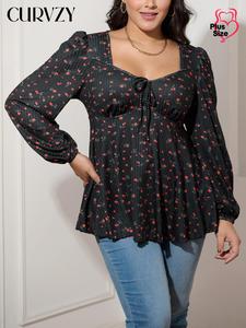 CURVZY Plus Size Ditsy Floral Print Tee, Casual Long Sleeve Sweetheart Neck T-shirt for Spring & Fall, Women's Plus Clothing for Daily Wear