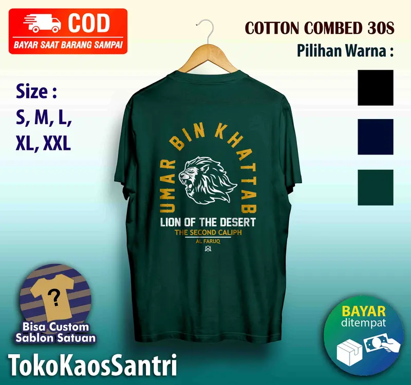 kaos distro santri Umar bin Khattab The Second Caliph Katun Santai dakwah muslim islami fashion terbaru viral tshirt cotton combed polos kata-kata Hitam Navy Custom Nyaman 5