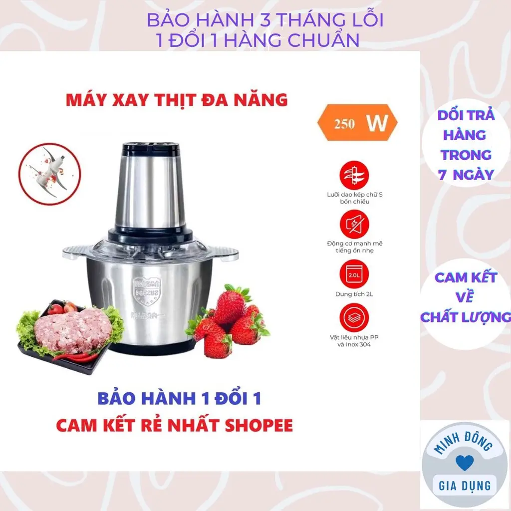 Máy xay thịt đa năng 2L inox 4 lưỡi dao thép không gỉ, máy xay đa năng xay sinh tố xay thịt xay ngũ cốc