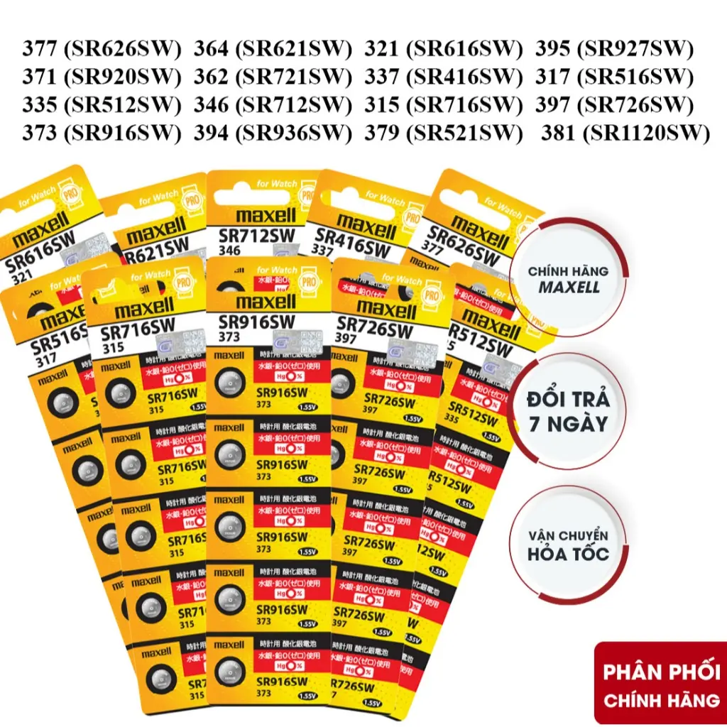 Pin Đồng Hồ Maxell Nhật Bản SR626/ 621/ 920/ 616/ 716/ 516/ 512/416/714/712/44/721/916/521/1120/1130/41/936/927/726