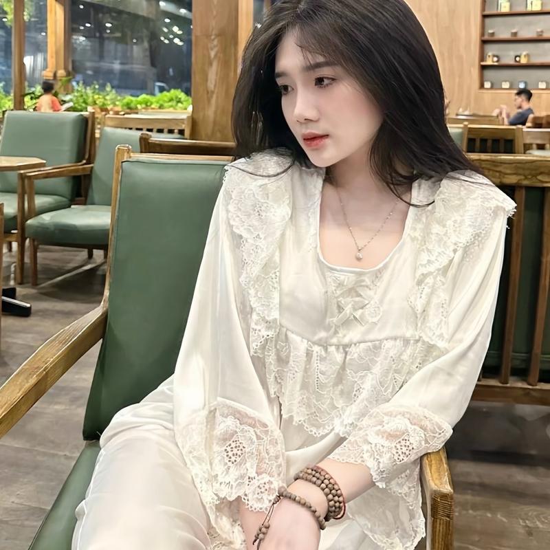 Sét đồ ngủ pijama tay lửng cổ tròn phối ren chất lụa latin mềm mịn thoáng mát cho nữ Women Áo Ngủ Trắng Nhung Quần Ngủ