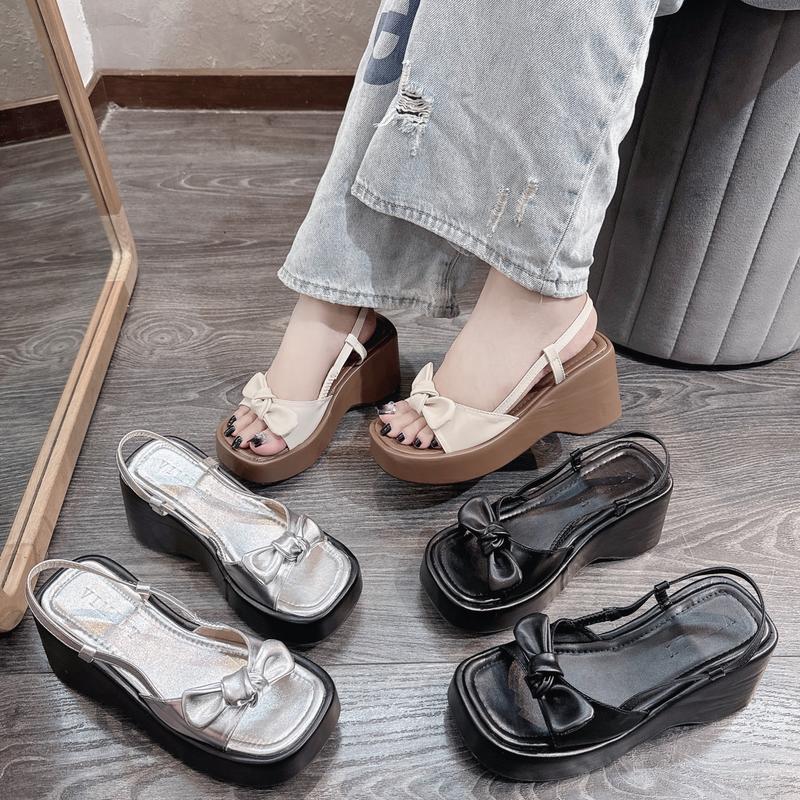 sandal quai chun thắt nơ mũi tròn đế cao 6 phân nữ dép nu thoitrang