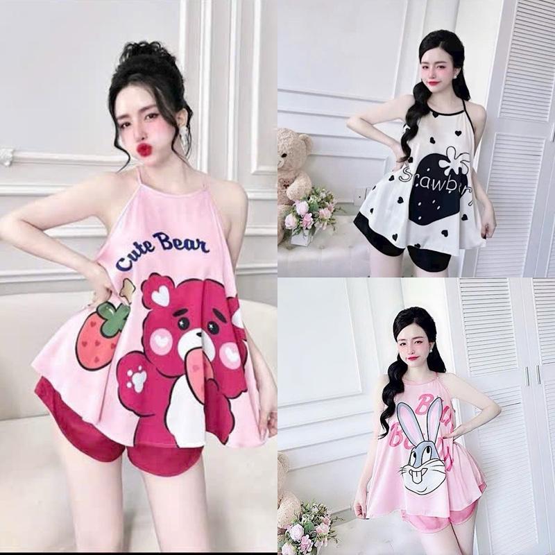 {Mẫu mới} Set yếm phi  nữ in 3D hoạ tiết hoạt hình,áo cổ yếm, quần đùi freesize 40-56kg - Women, Quần Ngủ Đỏ