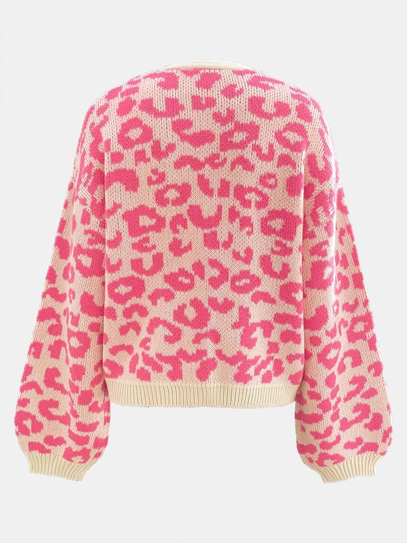Product Introduction of Women's Colorblock Leopard Drop Shoulder Cardigan, Casual Long Sleeve Open Front Knitwear for Fall & Winter, Fashion Women's Knit Clothing for Daily Wear 2