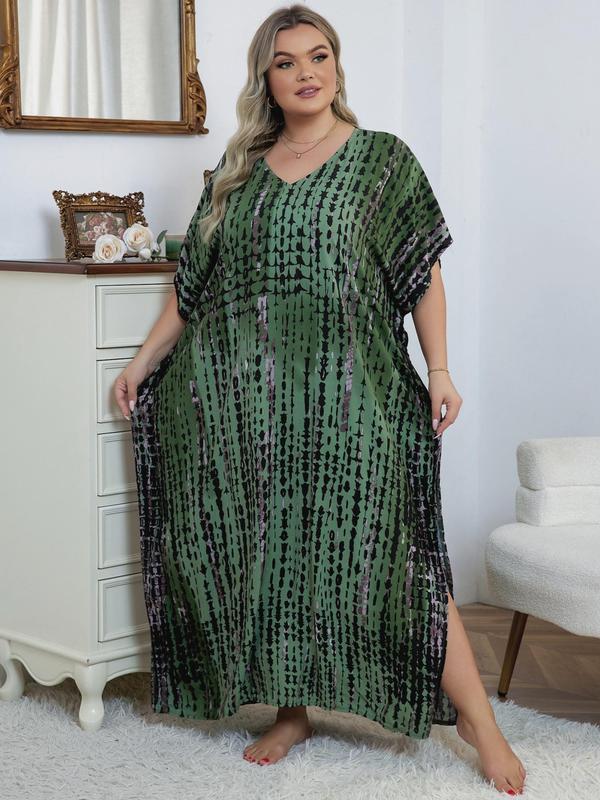 Plus Size Geometric Striped Print Batwing Sleeve Split Hem Tunic Dress, Casual V Neck Half Sleeve Cover Up Dress for Summer, Women's Clothes for Beach Holiday Vacation 2