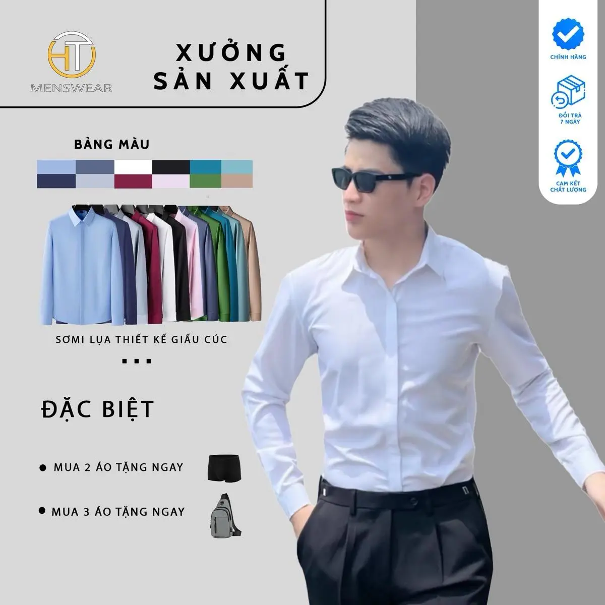 Áo sơ mi nam dài tay 12 màu ẩn si chất vải lụa trơn thời trang nam HTMenswear Shirt/Trắng