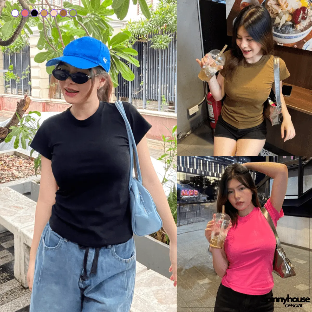 SpinnyHouse เสื้อยืดรัดรูป คอกลมแขนสั้น ผ้ายืดยูนิ  สาวอวบใส่ได้ เก็บทรงหุ่นดีมาก พรางหุ่น เสื้อเบบี้ที เบสิคลุค พร้อมส่งทุกสี รุ่น กิมจิ B-008-3-A