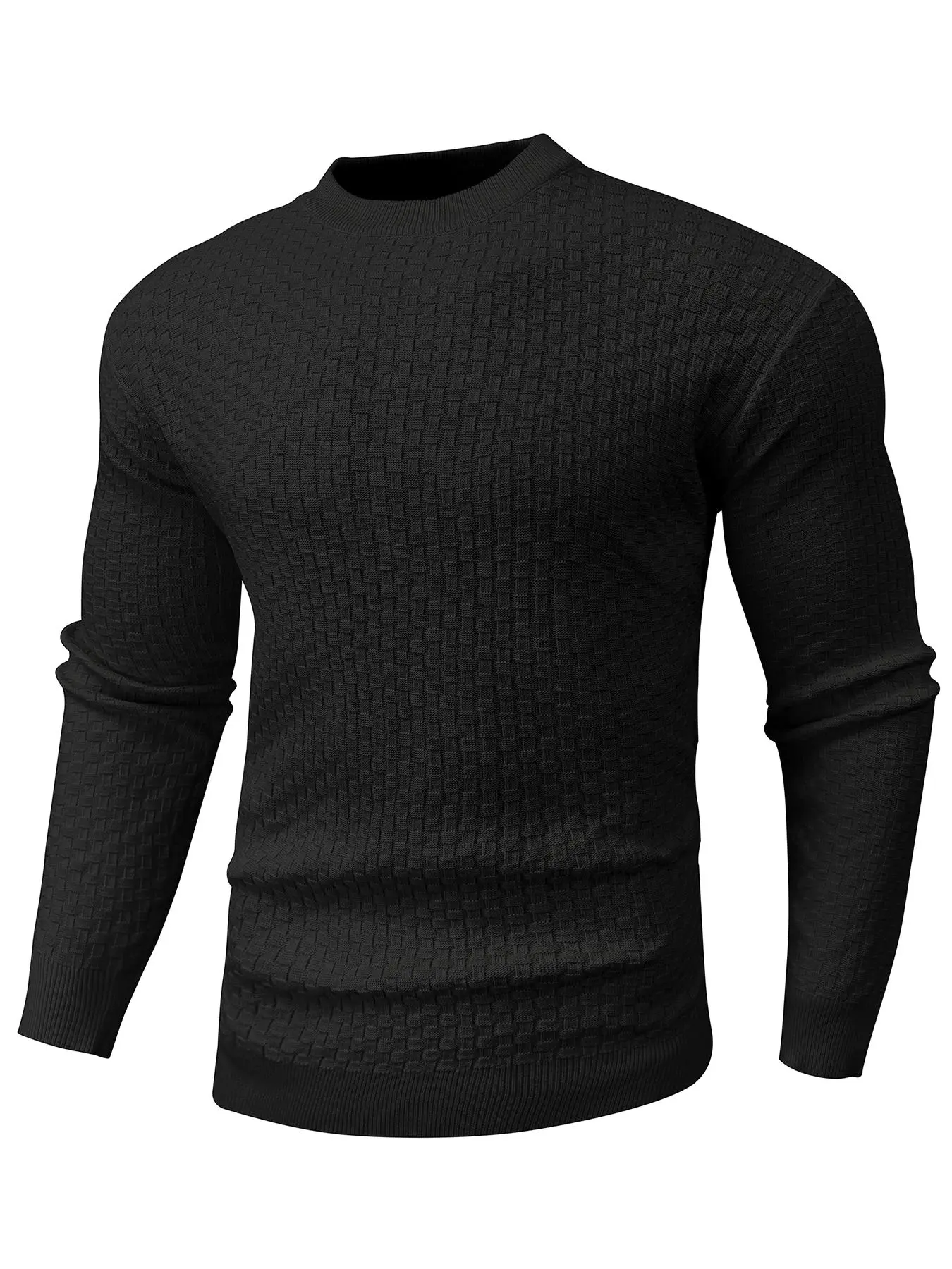Men's Solid Waffle Knit Crew Neck Sweater, Regular Fit Casual Long Sleeve Jumper for Fall & Winter, Men's Knitwear for Daily Wear
