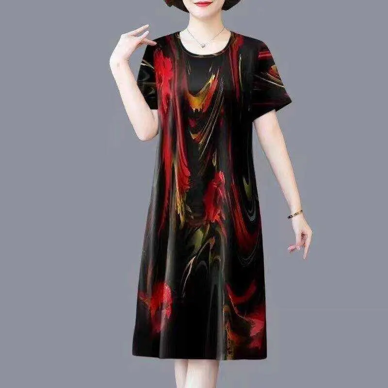 Váy In Hình, Dành Cho Mẹ Trung Người Già Và Cao Tuổi, Ngoại Cỡ Và Dáng Rộng Rãi, Tay Ngắn, Che Bụng, Váy Dài Trung Bình Cao Cấp, Hàng Mới Về Mùa Hè 2024 Nhung Nữ Voi Women Dress Voan Màu Đen