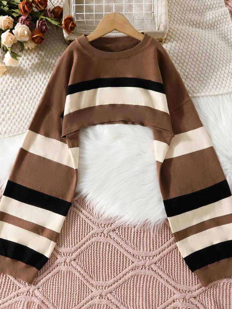 Product Introduction of Women's Striped Print Drop Shoulder Crop Sweater, Casual Extra-Long Sleeve Crew Neck Jumper for Spring & Fall, Women's Clothing for Daily Wear 16