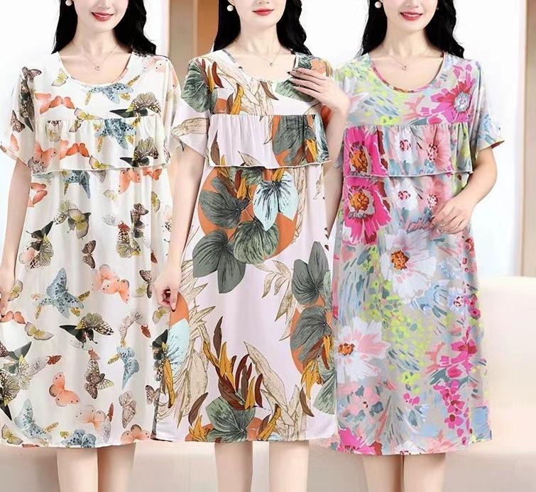 Product Introduction of Strictly Selected Printed Artificial Cotton Nightdress Women's Summer High-Grade Ice Silk Skirt Thin Short Sleeve Pajamas plus Size A- line Dress 4