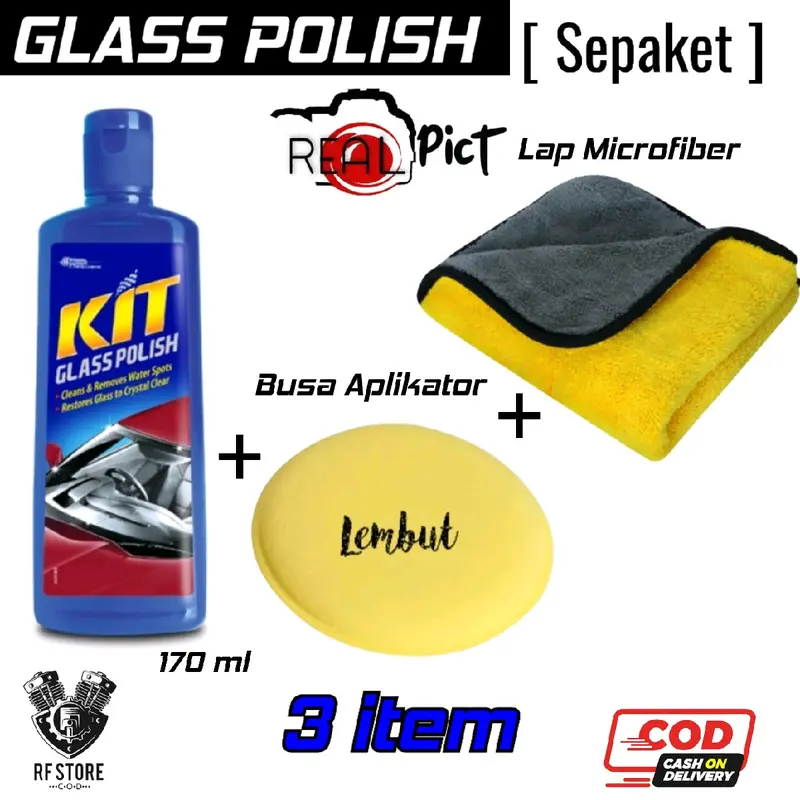 Paket Kit Glass Polish compound 170 ml + Busa aplikator + Kain lap microfiber/ Sepaket/ 3 in 1 / Real pict/ Black Store Car Kendaraan Paint 0