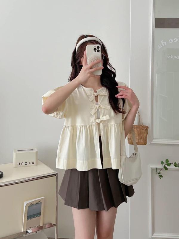 Set Áo Babydoll Buộc Nơ Kèm Áo 2 Dây Xinh Xắn