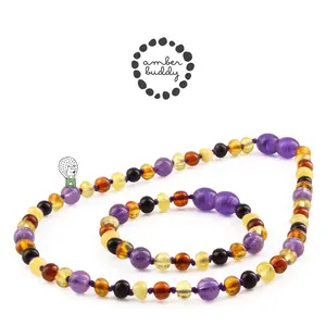 Amber Buddy | LE515 Kalung & Gelang Bayi Baltic Amber kombinasi Amethyst. 32cm & 14cm
