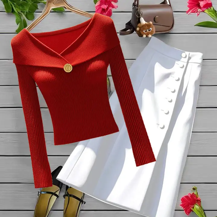 Women's Knitted Sweater Korean Style Wine Red Autumn and Winter New Western Style High-End Chic Inner Bottoming off-ShoulderTop Knitwear Womenswear Lingerie Knitting Comfort Longsleeve Cardigan Basic