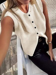 Women's Solid Button Front Cable Knit Sweater Vest, Casual Sleeveless V Neck Knitwear for Daily Wear, Ladies Clothes for All Seasons, Tops