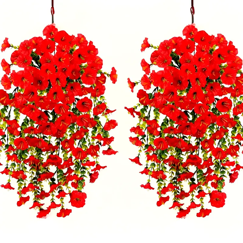 2-Pack UV Resistant Artificial Morning Glory Hanging Bouquets with Eucalyptus Leaves - Plastic Fake Daisy Plants for Outdoor Yard, All-Season Home Decor, Wedding and Engagement, Christmas, Halloween, Easter, Hanukkah, Thanksgiving No Cont Decorative Fruit 0