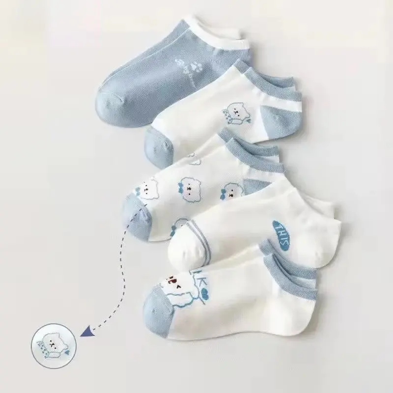 BISA COD K5703 Kaos Kaki Pendek Gaya Korea / Kaos Kaki Wanita Motif Beruang Biru Muda / Kaos Kaki Semata Kaki Beruang Biru Panjang Ankle Garis 6