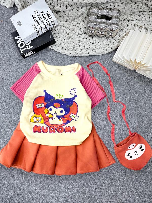 [8-22kg] Set áo vải gân tăm in hình + Váy (có lót) vải Cotton lạnh kèm túi đeo cho bé gái mặc đi học, đi chơi (TT004, TT027, TT140) 0
