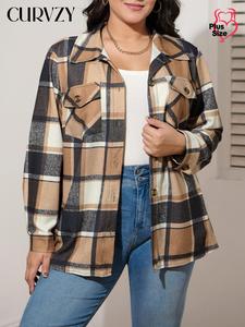 CURVZY Plus Size Plaid Print Button Front Drop Shoulder Jacket, Casual Long Sleeve Collared Flap Pocket Outerwear for Spring & Fall, Women's Clothes for Daily Wear