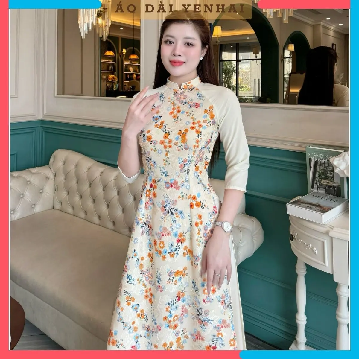 Áo dài truyền thống 4 tà (2 lớp) chất von tơ thêu hoa nhí cam | H2012
