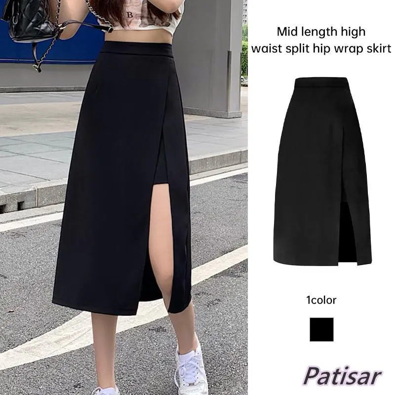 【Jooseke】Autumn Mid-length Skirt Women High Waist Split Crotch Covering A-line Hip Wrap Skirt