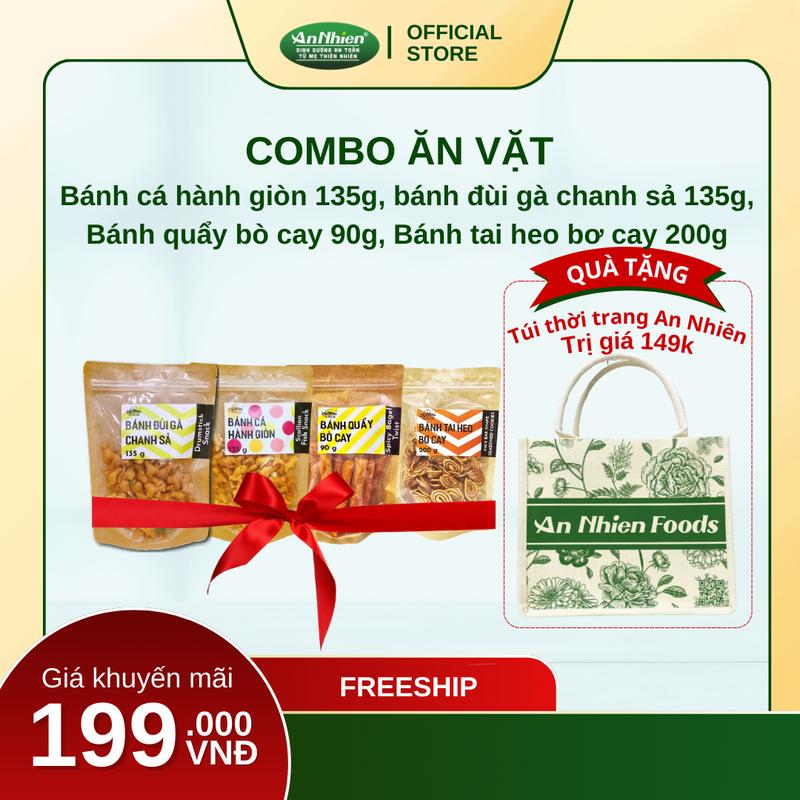 Combo Ăn Vặt (Bánh cá hành giòn 135g, bánh đùi gà chanh sả 135g, Bánh quẩy bò cay 90g, Bánh tai heo bơ cay 200g)