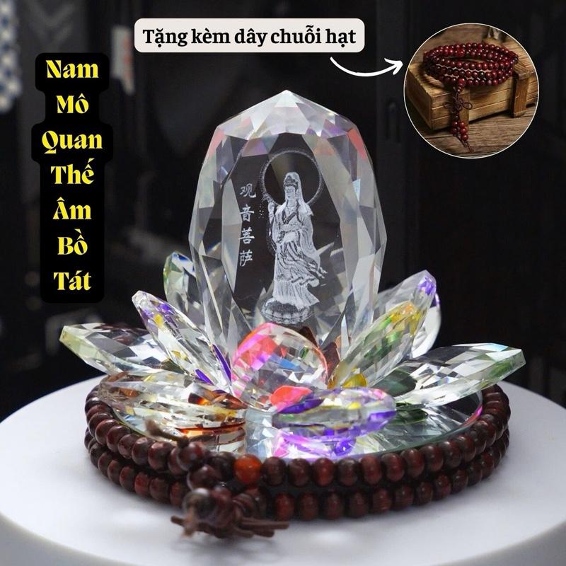 (Tặng kèm dây chuỗi) Tượng Quan Âm pha lê, tượng phật quan âm trang trí xe ô tô, nhà cửa, văn phòng tặng kèm nước hoa và keo dán đế tượng