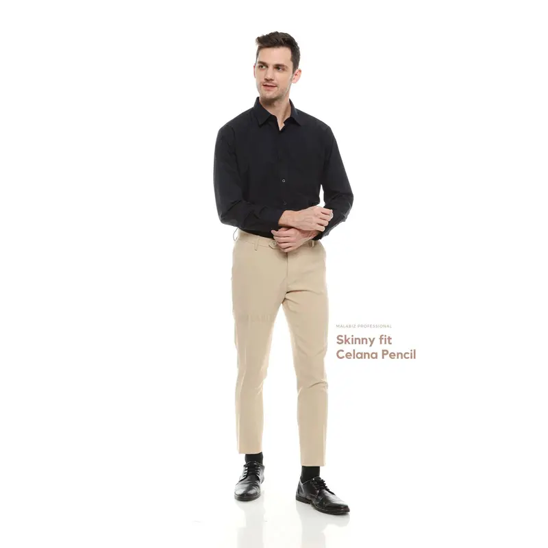 HIDEO - Celana kantor Ultra slim fit  warna Krem Creame Krim malabiz Polos Kain Melar 7