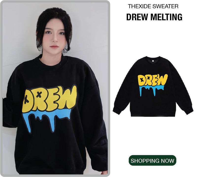 Áo Sweater nỉ The Xide in hình DREW CHẢY form unisex nam nữ chất nỉ bông dày dặn chỉ giặt tay hoodie màu xám-0876 loại mỏng