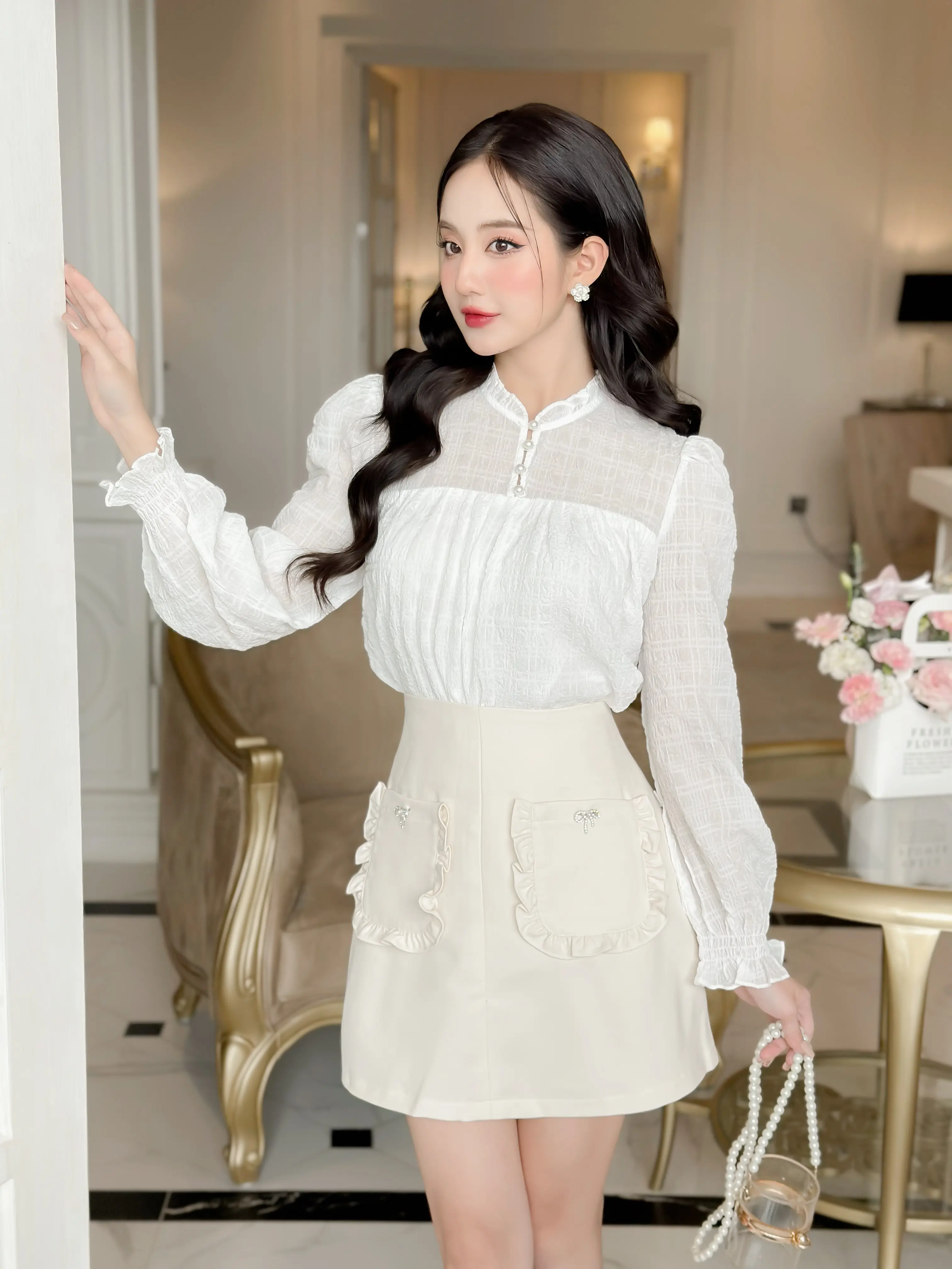 Áo thiết kế CHARME CH cúc ngọc chất đũi mềm 305016 ( form to )