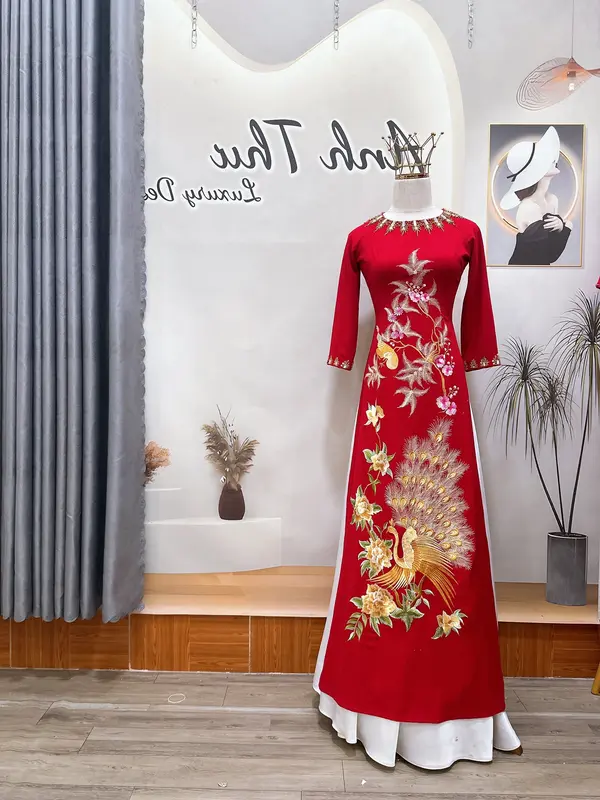 Áo dài mẹ sui vải lụa mango thêu hoa đào đính kết sang trọng nổi bật 6