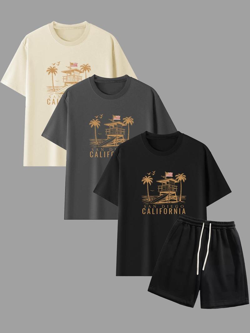 Product Introduction of Men's Letter & Palm Tree Print Tee & Shorts Set, Regular Fit Casual Round Neck Short Sleeve T-shirt & Track Shorts, Men's Summer Clothes 1