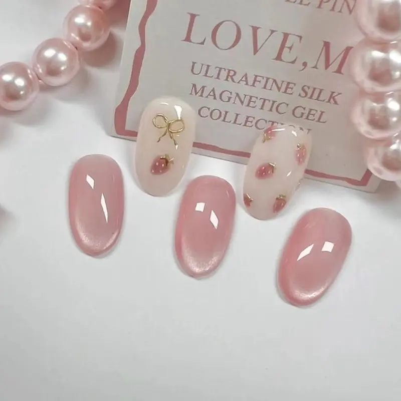 Cat Eye Bowknot Nail Tips Wearable Nails Detachable Cute Fresh Strawberry Nail Tips Oval Medium Long Nail Tips